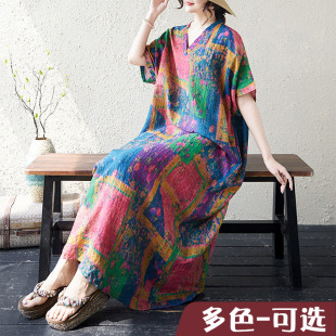 夏季新款薄棉麻花V领宽松度假风沙滩裙长款文艺女袍子加肥加大