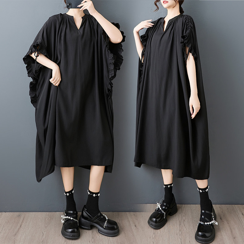 外贸夏装新款欧美宽松大码V领系带蝙蝠袖连衣裙显瘦遮肚个性长裙