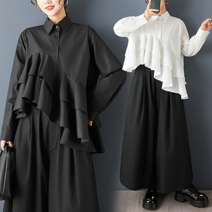 外贸春秋小众不规则拼接荷叶边个性衬衫时尚日系气质百搭纯色上衣