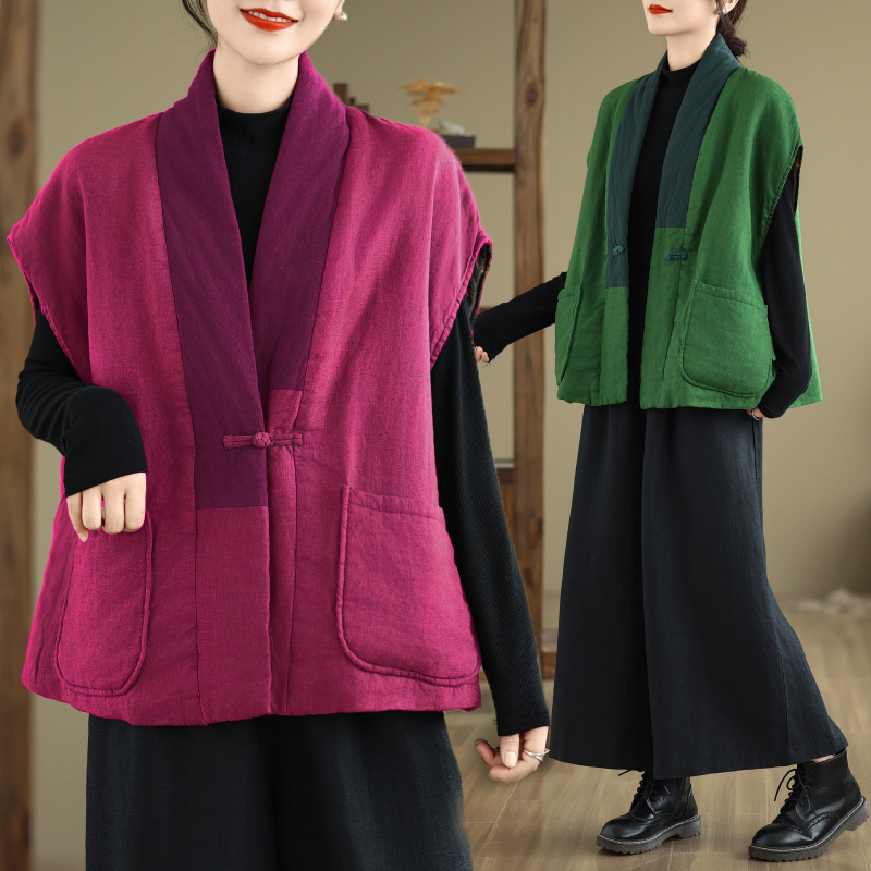 冬季新款棉麻宽松文艺棉马甲坎肩减龄妈妈装纯色上衣短款好质量
