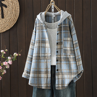 好质量 格子单排扣子长袖 复古港味加厚上衣宽松长袖 连帽衬衣外套