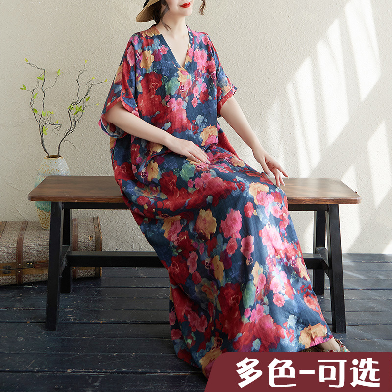 外贸出口大花色V领薄棉麻大码宽松度假风沙滩裙复古遮肉长款袍子