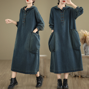新款春秋连帽休闲宽松牛仔长袖连衣裙女蓝色外贸出口中长款藏肉