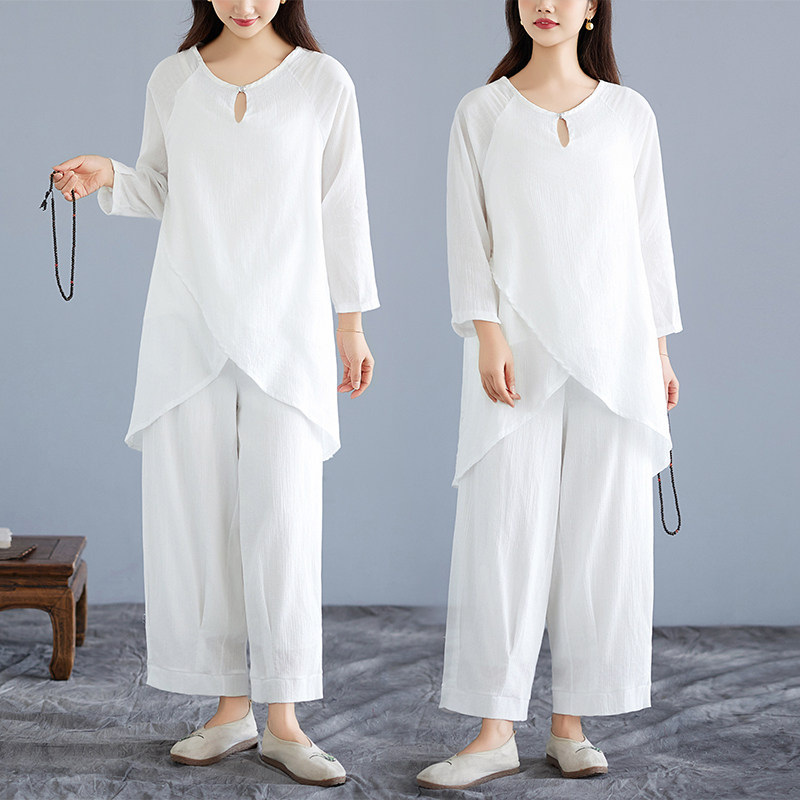 春季居士禅修服白色套装打坐中国风茶服棉麻套装 白色民族风折扣