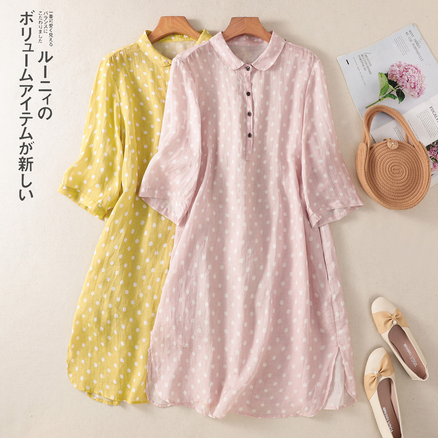 夏季新款复古苎麻印花宽松休闲衬衫裙文艺百搭中长款上衣女POLO领