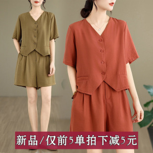 欧货小香风休闲时尚 两件套装 减龄棉麻女夏装 短裤 胖mm显瘦短袖 大码