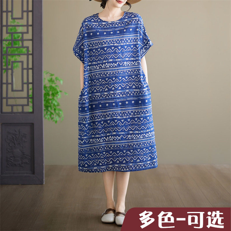 外单夏季新款薄棉麻花女气质过膝中长款短袖圆领连衣裙女微胖休闲
