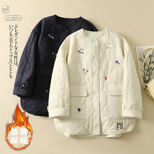 高级感刺绣轻薄棉服女2025新款 宽松气质无领超好看夹棉外套潮 冬季