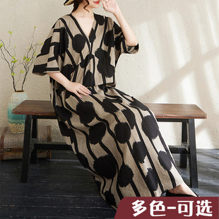大码原创法式高级感短袖v领薄棉麻印花宽松显瘦连衣裙女圆点加长