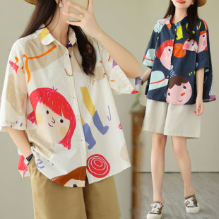 薄 衬衫 折扣年新款 宽松原宿风翻领口袋设计感手绘涂鸦百搭休闲短袖