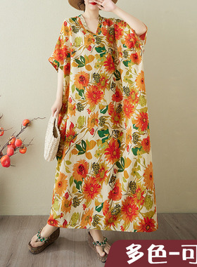 蝙蝠袖子夏季花色度假风旅游V领复古长裙遮肉棉麻连衣裙黄色裙子