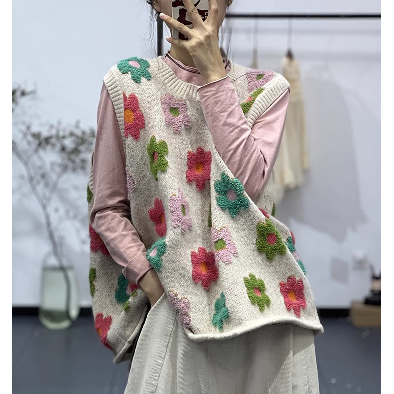 文艺小清新可爱立体印花背心宽松圆领针织马甲套头坎肩毛衣柔软