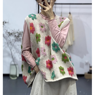 文艺小清新可爱立体印花背心宽松圆领针织马甲套头坎肩毛衣柔软
