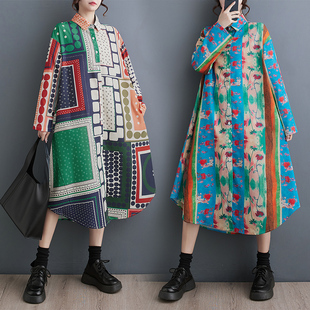 折扣春秋韩版新款宽松大码洋气印花中长款文艺复古连衣裙