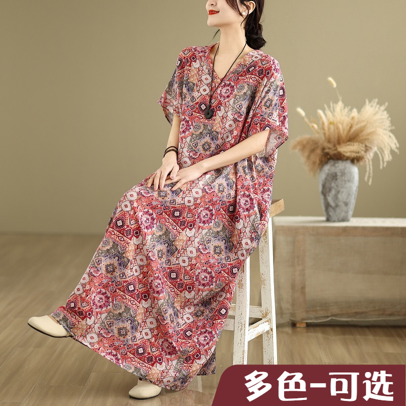 外贸 女装V领花色显瘦大码文艺复古度假长裙250斤超长袍子蝙蝠袖
