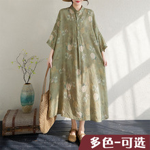 加肥加大外贸出口 文艺复古棉麻印花立领宽松超长大码度假连衣裙