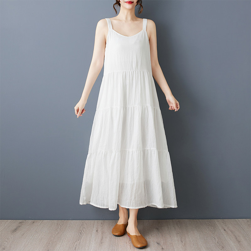 折扣白色高腰夏季新款婴儿棉优雅宽松百搭加长背心连衣裙吊带裙子