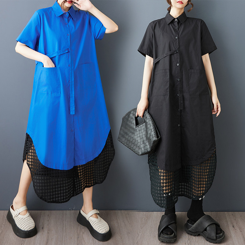 韩版夏季大码宽松显瘦时尚短袖网纱中长款衬衣连衣裙加长衬衫裙子