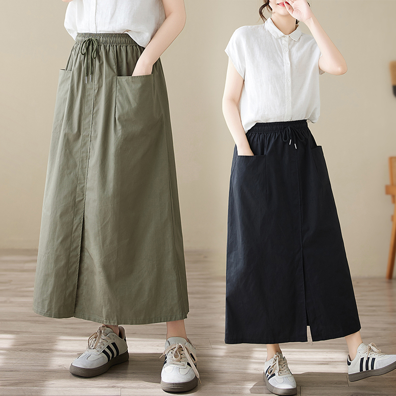 夏季新款高腰工装半身裙文艺大码中长款宽松显瘦纯色A型裙子抽绳