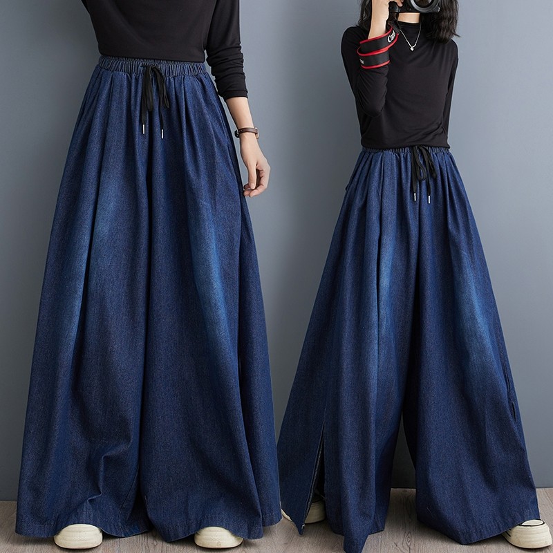 阔腿牛仔裤女蓝色新款文艺简约开叉休闲裤高腰直筒阔脚裤长裤字,女装/女士精品,大码裤装,淘宝优惠券,粉丝福利购,淘宝优惠卷