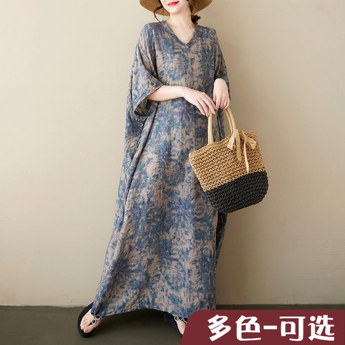 折扣 夏新品文艺复古V领棉麻印花肩连袖连衣裙女士大码休闲外贸裙