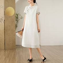 改良旗袍女夏季复古日常茶艺师服装棉麻国风连衣裙小个子茶服白色
