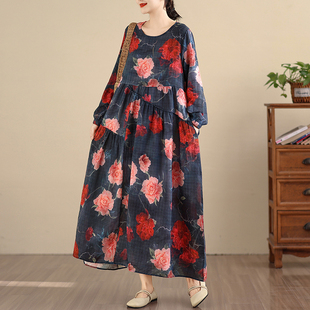外贸出口高腰微胖印花连衣裙女春秋长袖 大摆宽松花边裙 亚麻棉长款