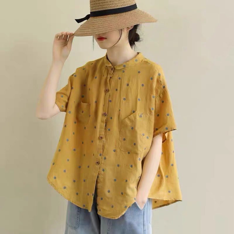 外贸出口文艺复古波点棉麻衬衫女短袖开衫夏季宽松大码森系上衣