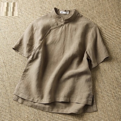 国风亚麻改良版短款旗袍上衣女中短袖夏季百搭民族茶艺服T恤衫