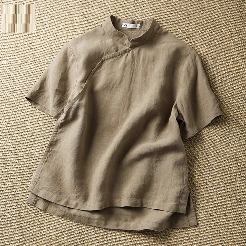 国风亚麻改良版短款旗袍上衣女中短袖夏季百搭民族茶艺服T恤衫