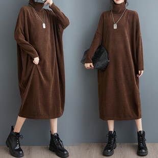 秋季高领时尚显瘦气质休闲长袖连衣裙蝙蝠袖子高龄过膝裙子好质量