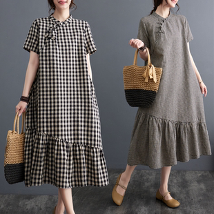 休闲气质中长款 宽松大码 过膝 复古格子盘扣棉麻连衣裙女夏季 新中式