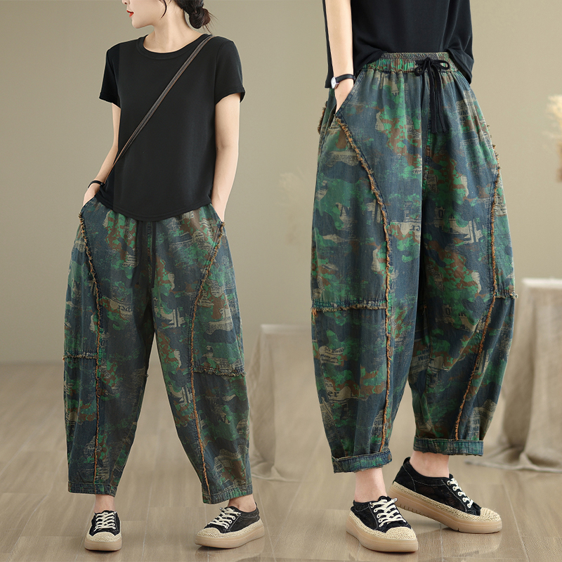 夏季九分天丝裤新款大码女裤薄款宽松个性显瘦哈伦裤子印花