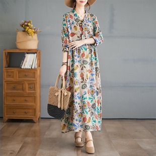 片 大摆长连衣裙薄款 早秋新款 波西米亚复古棉麻印花宽松遮肚长袖