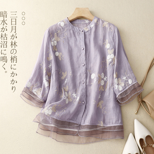 新款复古衬衣女文艺网纱刺绣衬衫气质拼接欧根纱上衣现在简约衬衫