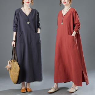 连衣裙袍子 复古棉麻V领加肥加大宽松长袖 过膝显瘦 新款 捡漏春季