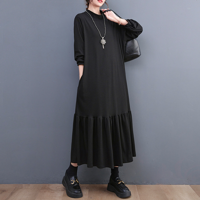 折扣秋冬新款半高领气质鱼尾加肥宽松显瘦打底连衣裙黑色过膝长袖