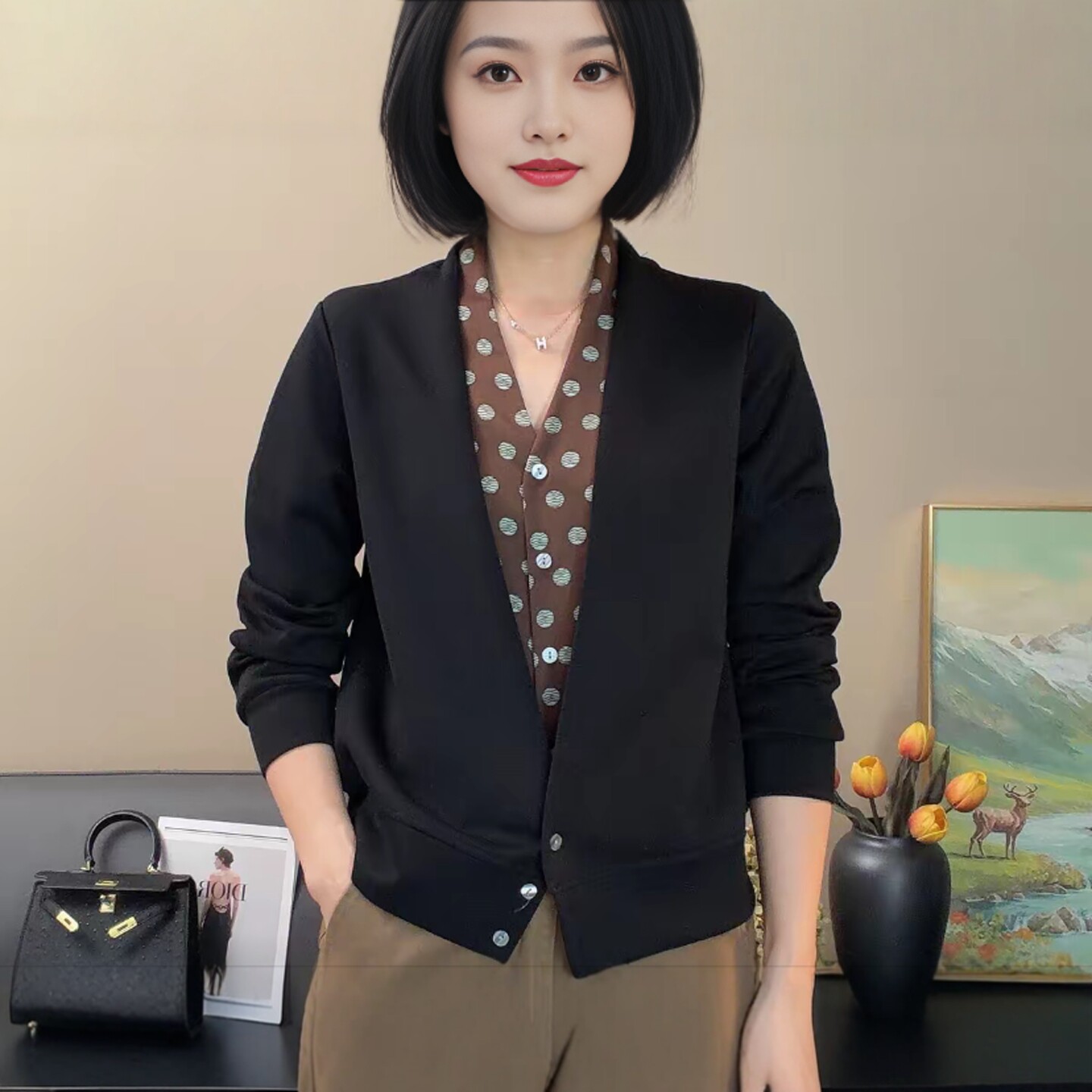 妈妈V领波点假两件显瘦开衫上衣