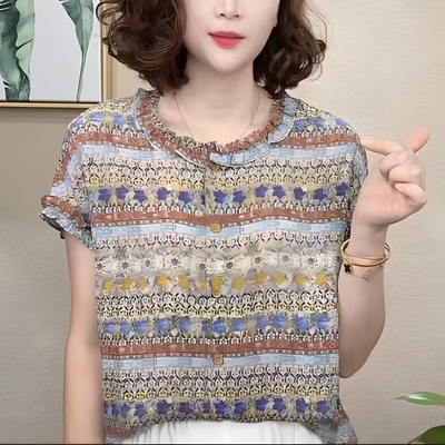 妈妈装圆领木耳边小碎花短袖小衫