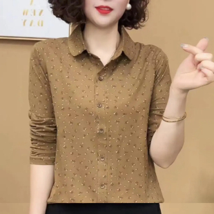小翻领洋气碎花打底衫 长袖 时尚 秋季 T恤减龄百搭女上衣 女装 妈妈装