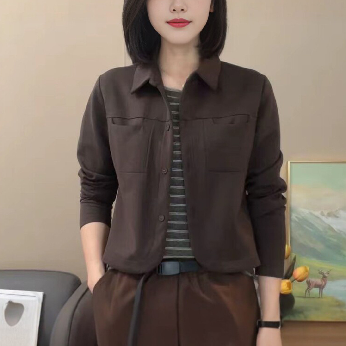 时尚女秋季翻领小香风假两件上衣