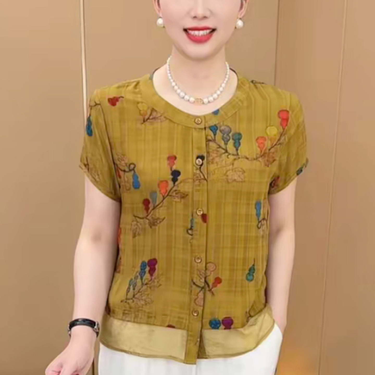妈妈装夏季圆领印花拼接短袖小衫
