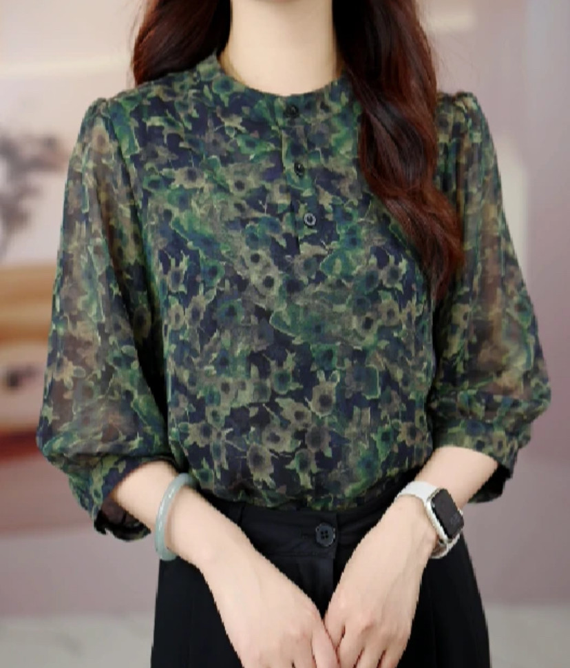 妈妈装夏季印花七分袖圆领小衫