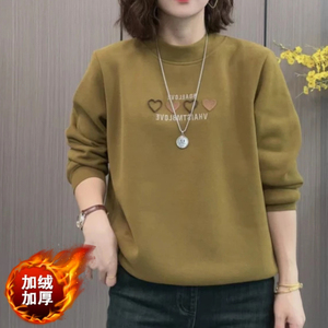 妈妈装秋冬半高领爱心绣花加绒卫衣2023加厚休闲百搭女装休闲上衣
