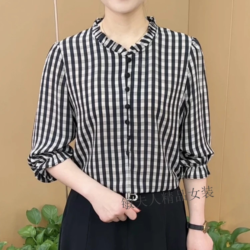 妈妈装夏长袖条纹印花花边领小衫