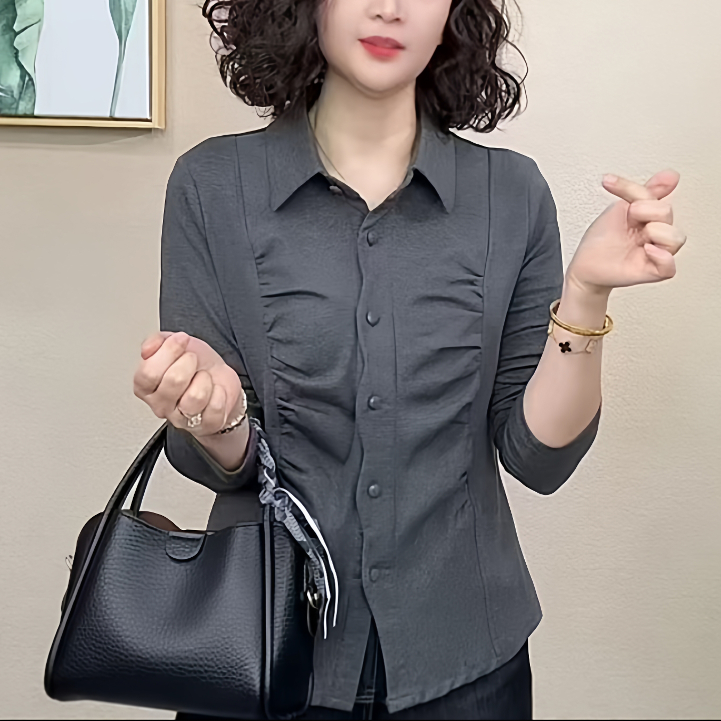 妈妈装秋衬衫领波浪门襟长袖T恤