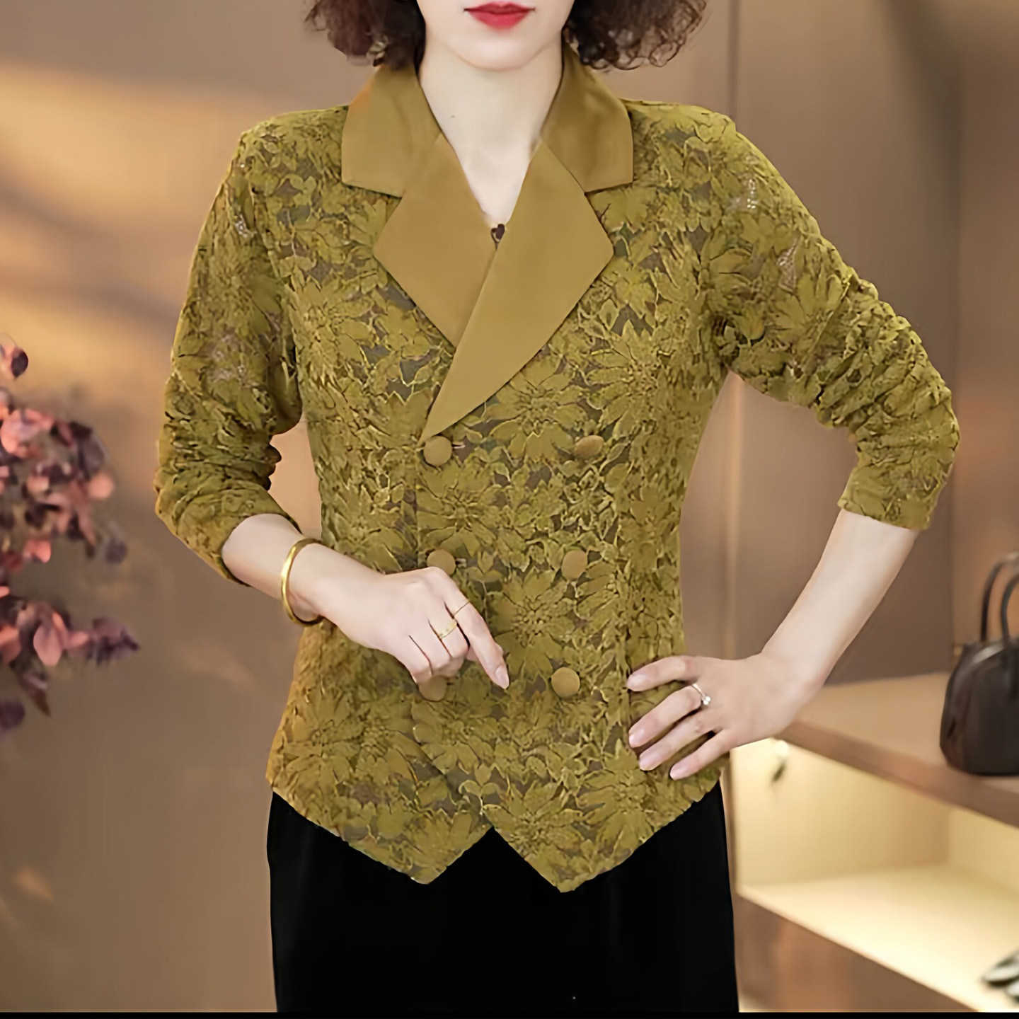 妈妈装春季蕾丝修身长袖西服外套