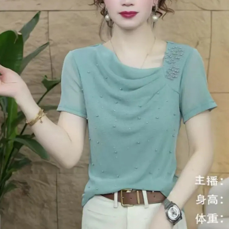 时尚女装夏季网纱堆堆领短袖小衫