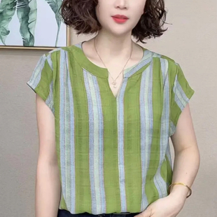 女夏季 妈妈装 时尚 圆V领竖条纹短袖 休闲T恤减龄百搭女上衣 宽松小衫