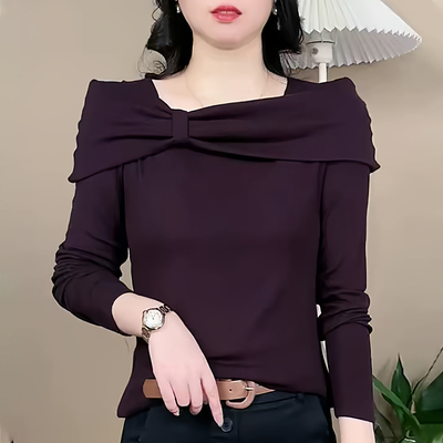 妈妈装秋季一字肩蝴蝶结长袖小衫